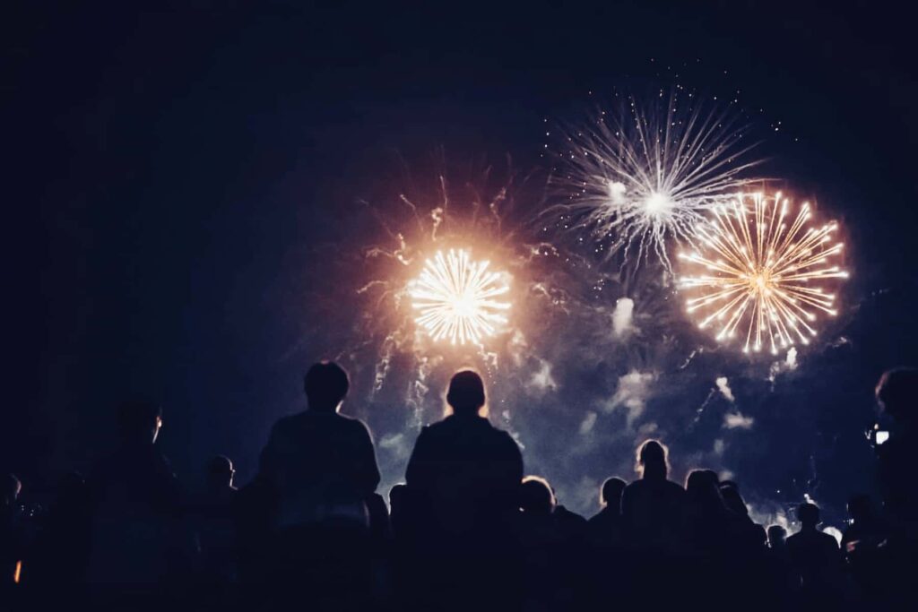 Foule devant un feu d'artifice