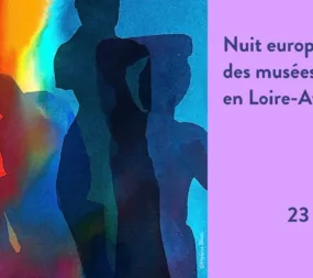 Poster advertising the European Night of Museums in Loire-Atlantique, featuring colorful silhouette figures and the date May 23, 2026 (Samedi 23 mai 2026).