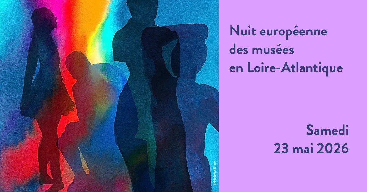 Poster advertising the European Night of Museums in Loire-Atlantique, featuring colorful silhouette figures and the date May 23, 2026 (Samedi 23 mai 2026).