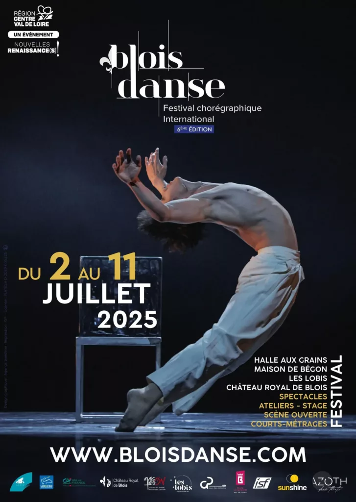 affiche du festival de danse à blois avec un danseur pris en plein envol le buste en avant