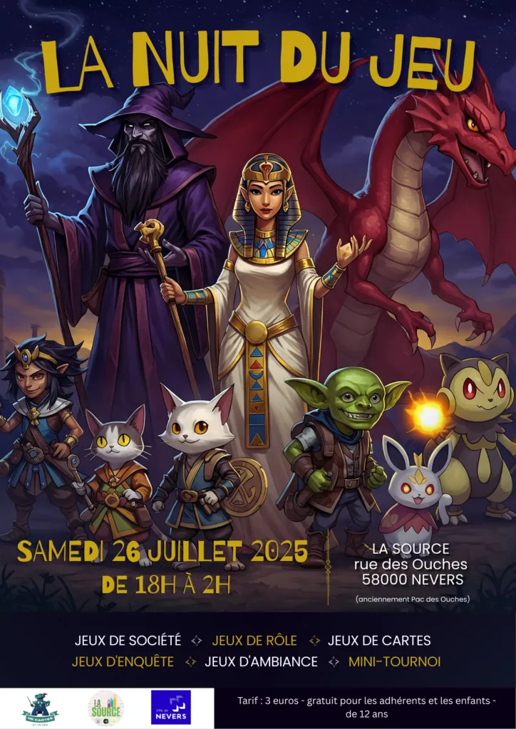 affiche avec des personnanges fantastiques sur la nuit du jeu à nevers le 26 juillet 2025 de 18h à 2h du matin