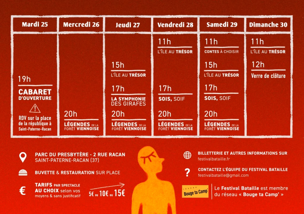 Red festival schedule poster with a white-outlined weekly grid from Tuesday 25 to Sunday 30, listing daily showtimes (11h–20h) and titles like Cabaret d'ouverture and Légendes de la Forêt Viennoise.