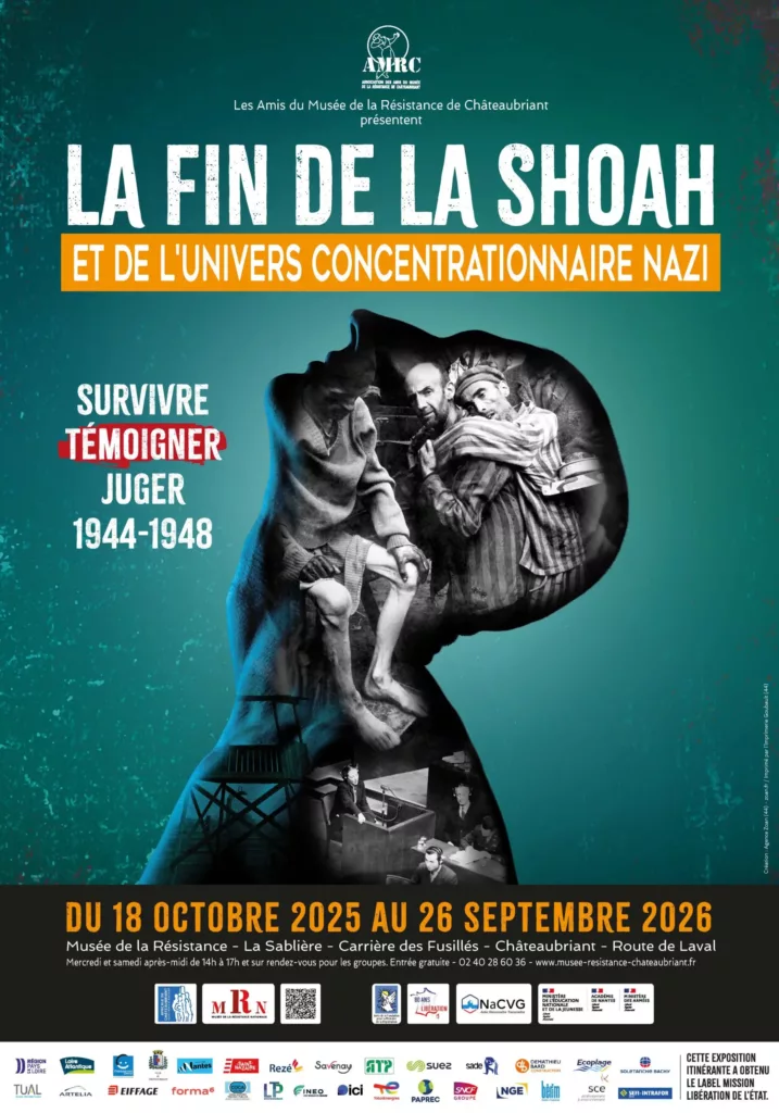 Poster promoting a museum exhibition about the end of the Shoah; a silhouette filled with black-and-white historical photos, teal background, bold white title and an orange subtitle bar welcoming visitors in French.