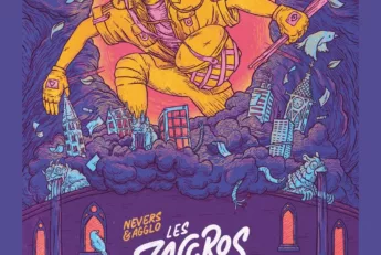 Bold poster illustration: a giant orange-clad figure towers over a purple city skyline, with stylized white title 'Les Zacros d'ma Rue' and yellow event dates (June 29–July 5, 2026).