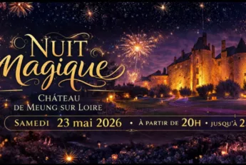 Event poster for Nuit Magique at Château de Meung sur Loire, showing fireworks over a castle, with date May 23, 2026 and evening hours 8:00 PM–11:00 PM written in gold lettering.