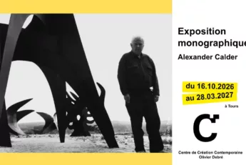 Exhibition poster for Alexander Calder: black-and-white photo of a man beside a large abstract sculpture, with yellow date blocks and bold text on the right.