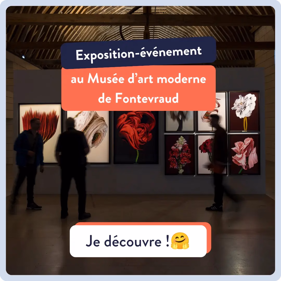 Affiche promotionnelle annonçant l'exposition au Musée d’art moderne de Fontevraud, avec des visiteurs devant des œuvres florales.